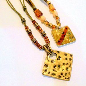 Lot of 2 Boho Inspired Brass Enamel Bead and Leather Necklaces *